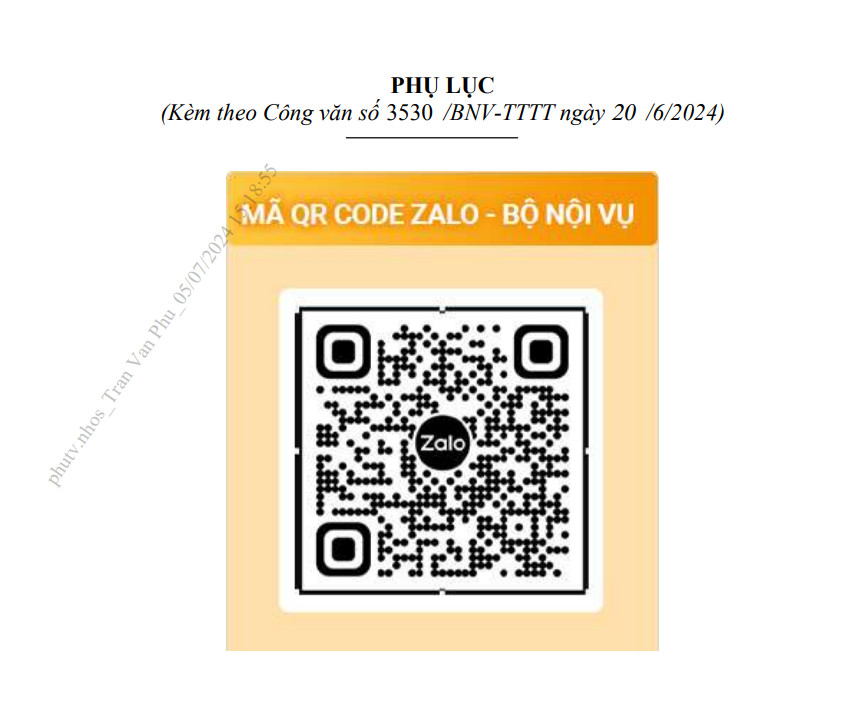 THÔNG BÁO KÊNH ZALO OA CỦA BỘ NỘI VỤ